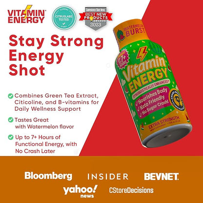 Vitamin Energy Immune+ Extra Strength Energy Shot Watermelon Burst 12 Pack, 260mg Natural Caffeine, B-Vitamins, Citicoline, Green Tea, Immunity & Focus Support, Zero Sugar, Gluten-Free 1.93 fl oz