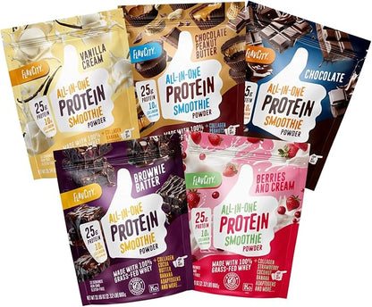 FlavCity All in One Protein Shake Powder Packets - On the Go Meal Alternative + 25g Protein & 10g Collagen, Made with Organic Reishi & Cordyceps Mushrooms - No Added Sugars, Variety 10 Pack