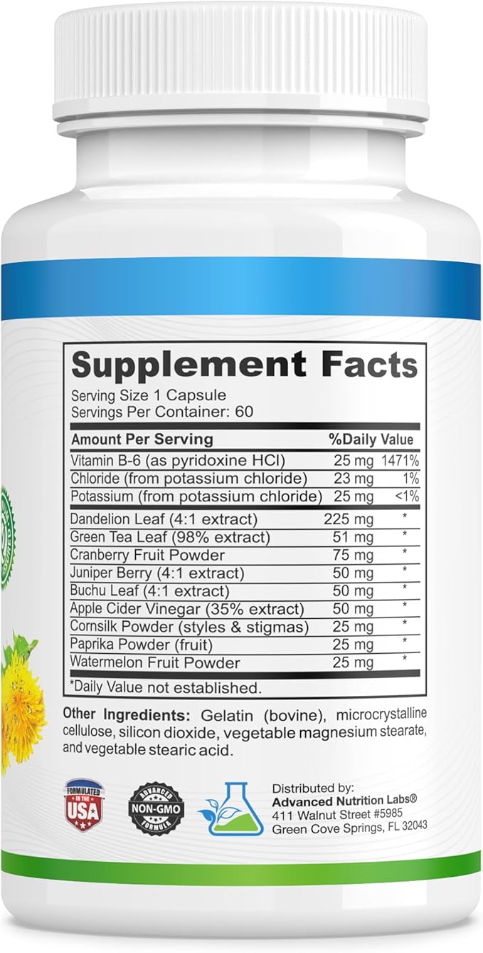 Herbal Water Relief Diuretic Water Pills for Water Retention, Bloating, Swollen Legs, Feet - Dandelion Extract Supplement - Water Retention Loss - Diuretics for Women & Men - 60 Capsules