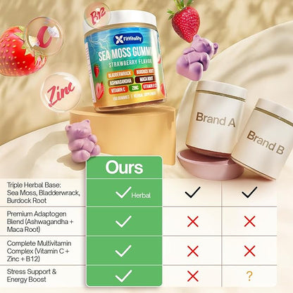 60 Sea Moss Gummies | 9-in-1 Formulation with Irish Sea Moss, Ashwagandha, Burdock, Elderberry, Bladderwrack, Maca, Zinc, B12 | Energy & Immune Support | Strawberry Flavor Vegan Gummies