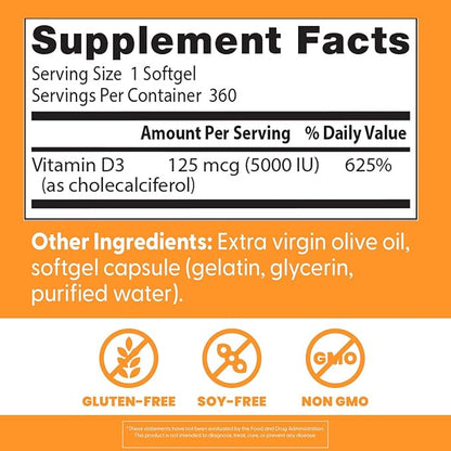 Doctor's Best Vitamin D3 5000 IU Softgels for Men & Women - Vitamin D Supplement for Immune System & Heart Health Support, 125 mcg per Serving, VIT D 3, Non GMO, Gluten Free, Soy Free - 360 Softgels