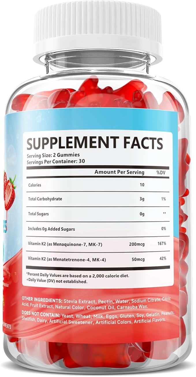 2 Pack Sugar-Free Vitamin K2 Gummies, Dual Formula Vitamin K2 Supplement with MK-7 & MK-4, Supports Bone Health, Gluten-Free, Non-GMO, Sugar-Free, Strawberry Flavor, 120 Gummies