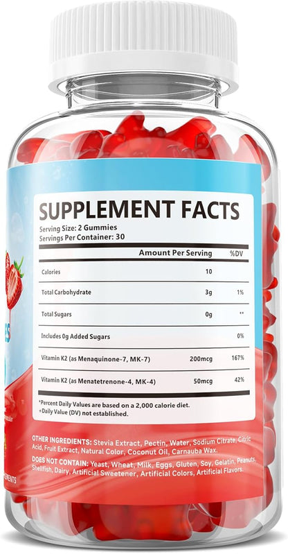 2 Pack Sugar-Free Vitamin K2 Gummies, Dual Formula Vitamin K2 Supplement with MK-7 & MK-4, Supports Bone Health, Gluten-Free, Non-GMO, Sugar-Free, Strawberry Flavor, 120 Gummies