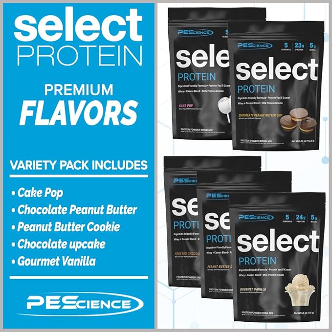 PEScience Select Protein Powder Variety Pack - 5 Flavors - 25 Servings - Protein Powder Sample Pack, Whey and Casein Blend, Keto Friendly, Gluten Free, Digestion Friendly, Amazing Taste