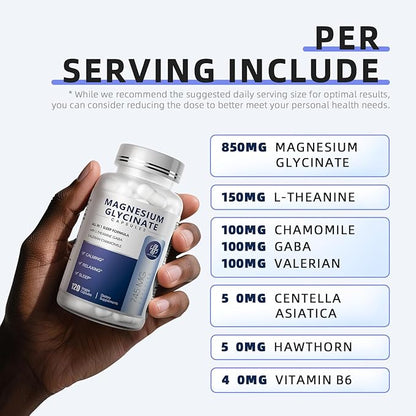 iMATCHME Magnesium Glycinate 850mg Capsules with L-Theanine, Chamomile & GABA for Sleep, Calmness, Muscle, Bone Health & Immune Support, Magnesium for Women and Men, Vegan, High-Absorption, 120 Count