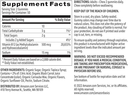 Amazon Basics Vitamin B12 500 mcg Gummies for Energy Production, Metabolism and Immune System Support, Raspberry Flavor, 100 Count