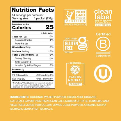 Cure Hydration | Plant-Based Electrolyte Drink Mix | No Added Sugar | Dehydration Relief Powder Made with Coconut Water | Non-GMO | Vegan | Pouch of 14 Packets - Peach Mango