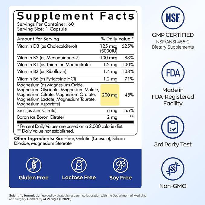 UBIOSKA Vitamin D3 K2 Magnesium Supplement – 5000 IU D3 + MK-7 K2 with 8-Form Magnesium (Glycinate, Taurate, Malate) for Calm Sleep, Stress Relief, Mood Balance & Strong Bones – 60 Capsules
