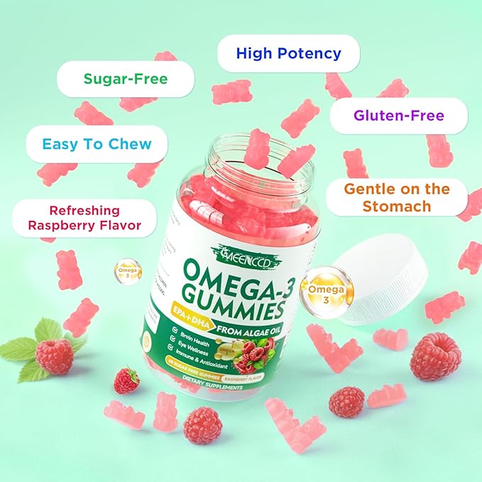 Vegan Omega-3 Gummies 1000mg, Omega 3 Fish Oil Alternative for Adults, Algae-Based DHA 600mg & EPA 300mg + Vitamins A, C, E, Zinc, Supports Overall Wellness, No Fish Taste, 60 Count