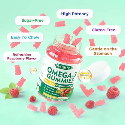 2 Pack Omega-3 Gummies 1000mg, Omega 3 Fish Oil Alternative for Adults, Algae-Based DHA 600mg & EPA 300mg + Vitamins A, C, E, Zinc, Supports Overall Wellness, Raspberry Flavor, 120 Count