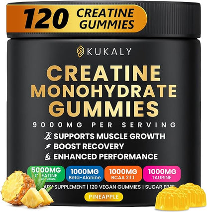 Creatine Monohydrate Gummies for Men & Women, 9000MG Creatine Gummies Sugar Free with L-Taurine, BCAA 2:1, B12 B6 for Boost Strength, Focus & Endurance, Vegan, Non-GMO, Pineapple 120pcs