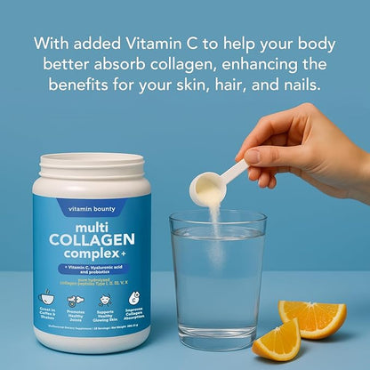 Vitamin Bounty Multi Collagen Peptides Powder for Men & Women (Complex Plus) - 5 Types Hydrolyzed Collagen Protein - Probiotics, Vitamin C & Hyaluronic Acid - Grass Fed Bovine Supplements, 28 Servings