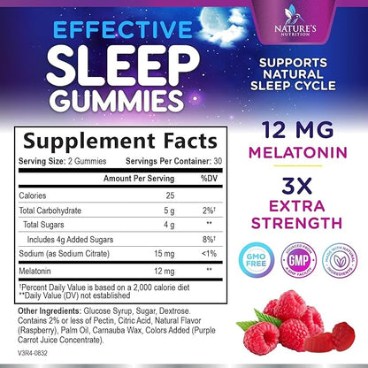 Melatonin Sleep Gummies - 12mg Per Serving - Extra Strength Sleep Support Melatonin Gummy for Adults - Vegan Sleeping Gummy Supplement to Support Restful Sleep - Tasty Berry Flavor - 60 Gummies