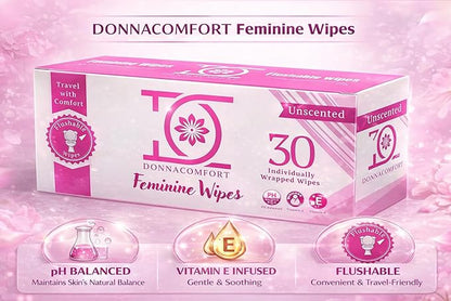 Flushable Feminine Wipes for Sensitive Skin – pH Balanced, Fragrance-Free Intimate Wipes with Aloe Vera & Vitamin E, Individually Wrapped Travel Size (30 Count)