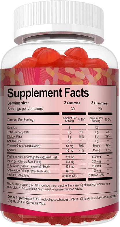 9-in-1 Probiotic Fiber Gummies for Adults & Teens 16G Fiber per Serving, Psyllium Fiber Supplement with 5 Billion CFU Bacillus Coagulans, Inulin, ACV for Digestive, Gut & Immune Wellness - 2 Bottles