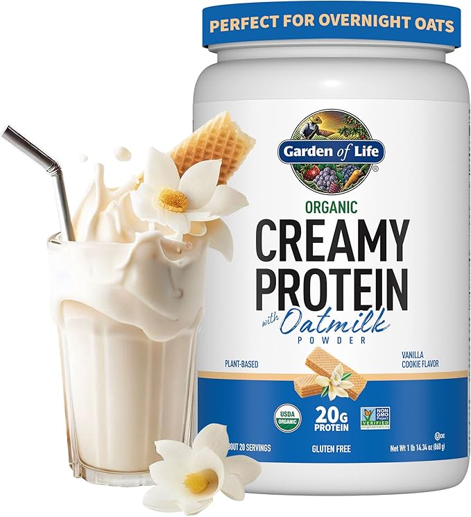 Garden of Life Creamy Plant Protein + Oat Milk Powder + Vanilla Flavor Vegan Protein Powder – Plant Based, Prebiotics & Probiotics, Gluten-Free, Non-GMO, Vanilla Cookie Flavor, 2 LBS