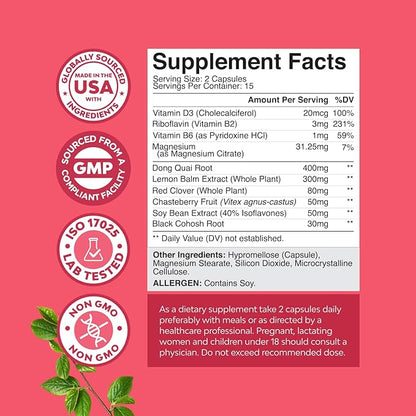 Complete Herbal Menopause Supplement for Women - Multibenefit Menopause Ease Hormone Balance for Women for Night Sweats Mood and More with Dong Quai Vitex Chaste Berry and Black Cohosh - 30 Count
