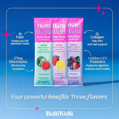 Belli Welli Daily Fiber Supplement Packets with Collagen, Probiotics & Electrolytes | Single Serve Packets for Gut Health, Digestion & Debloating | Variety | 10 Count
