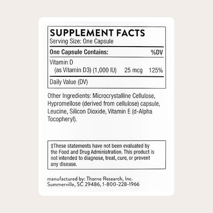 THORNE - Vitamin D-1,000 - Vitamin D3 Supplement - Supports Healthy Bones, Teeth & Muscles, Plus Cardiovascular & Immune Function* - Third-Party Certified - Gluten, Dairy & Soy-Free - 180 Capsules