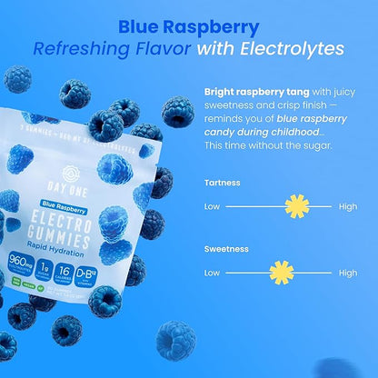 Day One Electrogummies - 60pcs of Blue Raspberry Flavored Electrolyte Gummies for Hydration and Recovery - Packed with Essential Electrolytes Ideal for Workouts, Running, Hiking and More