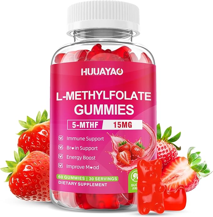 L-Methylfolate 15 mg Gummies, Methylfolate Supplement, Folate 5-MTHF Supplement for Support Mood, Brain Health, Immune System, Sugar Free, Strawberry Flavor, 60 Count