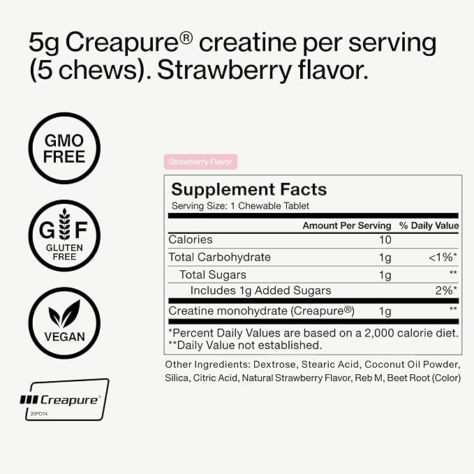 Momentous Creatine Chews - Creatine Monohydrate - Supports Strength, Lean Muscle, & Recovery for Men & Women - NSF Certified for Sport - 150 Chewable Tablets - Strawberry