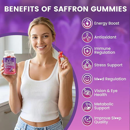 Saffron Supplement Gummies, 10-in-1 Cortisol Supplement with Saffron 88.5mg, Magnesium, Rhodiola Rosea, Ashwagandha, L-Theanine, St. John's Wort, for Calm, Focus & Relaxation, 60 Count