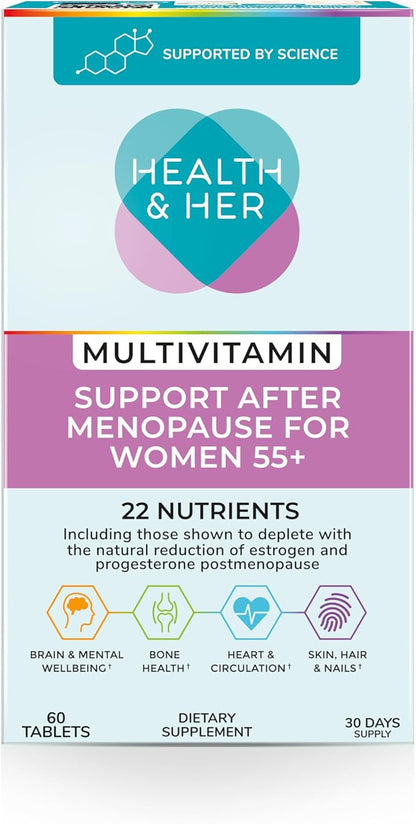 Health & Her Multivitamin Support After Menopause for Women 55+ - Supplements for Women - Nutrition and Wellbeing Support - 1 Month Supply, 60 Tablets - Vegan & Gluten Free