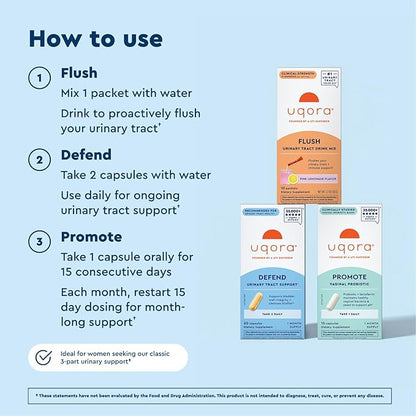 Uqora Complete Regimen with 2 Packs Flush, Defend & Promote- Urinary Tract Support with D-Mannose, Vitamin C, Green Tea Extract, Probiotics & More- Comprehensive Bladder Health Support*- 3-Part Bundle