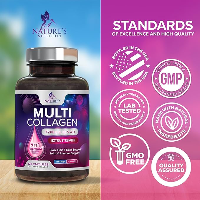 Multi Collagen Pills 2400 mg Per Serving - Advanced Types I, II, III, V, X - Hydrolyzed Multi Collagen Peptides Pills Supplement for Women & Men - Hair, Skin, & Nail Support Supplements - 120 Capsules