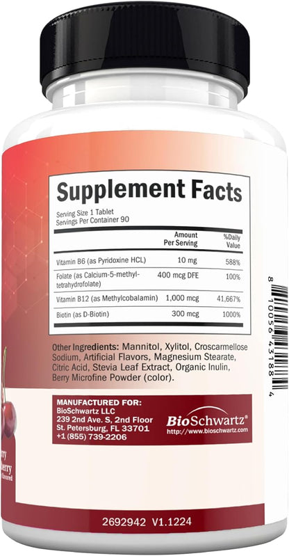 BioSchwartz Bariatric B12 Plus Dissolvable Tablets - 1000mcg Vitamin B12, Vitamin B6, Folate, Biotin - Cherry Strawberry Flavor, 3-Month Supply, Third Party Tested, for Bariatric Patients, 90 Count