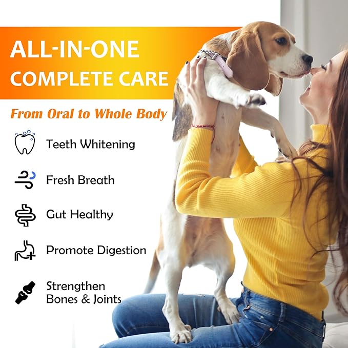 Natural Dog Dental & Supplement Powder, Plaque & Tartar Control with Glucosamine, Omega-3, Probiotics & Vitamin E for Joint, Beef Liver Flavour, Digestion & Fresh Breath