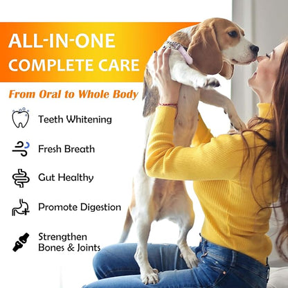 Natural Dog Dental & Supplement Powder, Plaque & Tartar Control with Glucosamine, Omega-3, Probiotics & Vitamin E for Joint, Beef Liver Flavour, Digestion & Fresh Breath