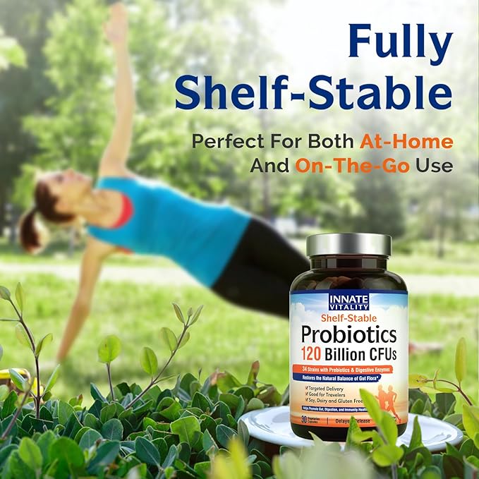 Innate Vitality Probiotics 120 Billion CFUs for Men & Women, 34 Strains with Prebiotics & Digestive Enzymes, Immune & Digestive Health, Delayed Release, Shelf Stable, 30 Vegan Capsules