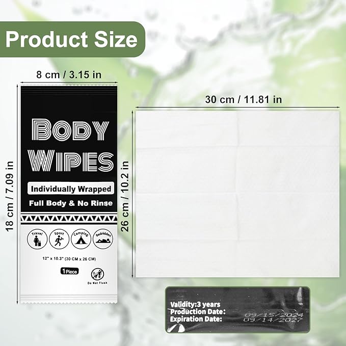 Individually Wrapped Body Wipes Bulk Bath Wipe, Women Men Large Adult Disposable Body Shower Wipes No Rinse-Free Bathing Cloths Wipe for Outdoors After Gym Camping Travel (50, Black, 12 x 10.3 in)
