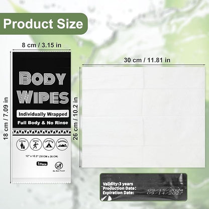 Individually Wrapped Body Wipes Bulk Bath Wipe, Women Men Large Adult Disposable Body Shower Wipes No Rinse-Free Bathing Cloths Wipe for Outdoors After Gym Camping Travel (50, Black, 12 x 10.3 in)
