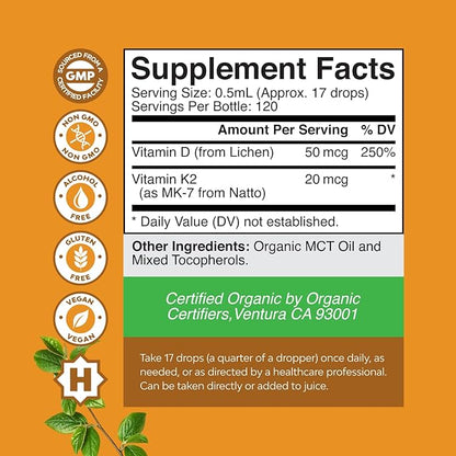 Natures Craft Liquid Vitamin D3 with K2 for Adults - Organic Drops 2000IU per Serving Vegan Bone Muscle Heart & Immune Support MCT Oil Enhanced Absorption - 2Fl Oz (Pack of 1)
