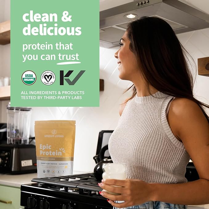 Sprout Living Epic Protein, Plant Based Protein & Superfoods Powder, Vanilla Lucuma Powder | 20 Grams Organic Protein Powder, Vegan, Non Dairy, Non-GMO, Gluten Free, Low Sugar (1 Pound, 12 Servings)