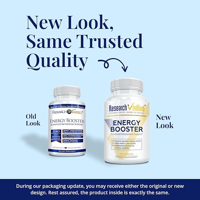 Research Verified Energy Booster - 180 Capsules - Caffeine Free - B Vitamins and Adaptogens - 3 Month Supply
