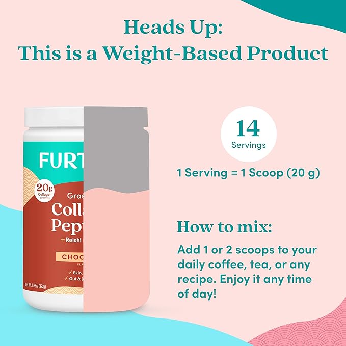 Further Food Chocolate Collagen Peptides Powder with Reishi Mushroom - 100% Grass-Fed, Hydrolyzed Type 1 & 3, 20g of Collagen per Serving, Supports Skin, Hair, Nails & Joints, 11.36 Oz