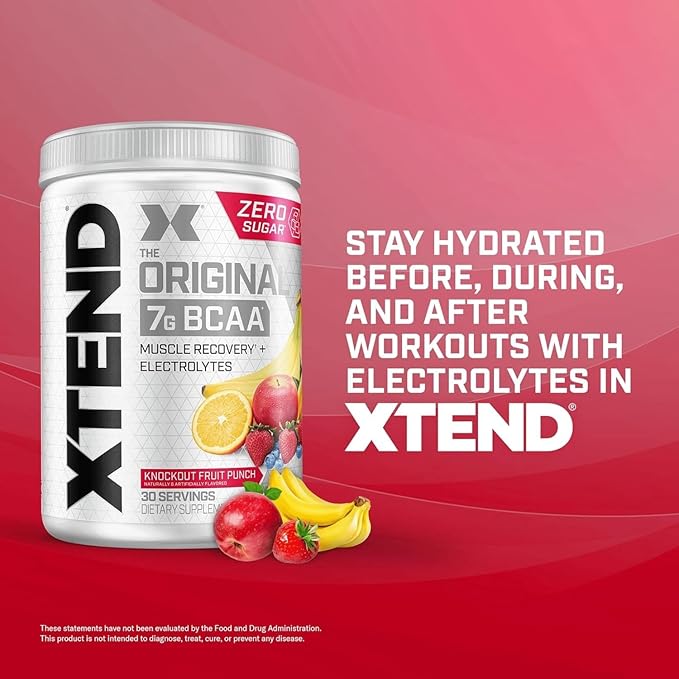 Xtend Original BCAA Powder, 7g BCAAs and 2.5g L-Glutamine for Muscle Recovery Hydration and Lean Muscle, Sugar Free Intra and Post Workout Drink with Electrolytes, Knockout Fruit Punch, 30 Servings