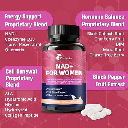 NAD+ Supplements for Women | NAD Resveratrol for Cellular Energy, DIM & Cranberry for Hormone Balance & Estrogen Balance | Non-GMO, 120 Capsules
