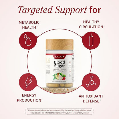 Snap Supplements Blood Sugar Blend with Berberine, CoQ10, Cinnamon, and Gymnema to Support Already Healthy Blood Sugar, Metabolic Health and Energy, Sugar Free, 60 Capsules 3-Pack (Packaging May Vary)
