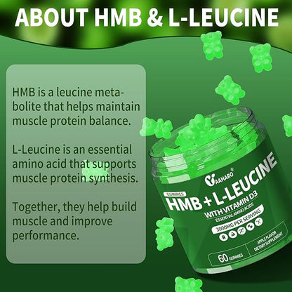 HMB & L-Leucine Gummies 3000mg - with Vitamin D3 for Muscle Recovery, Energy, Endurance & Muscle Mass Increase - for Men & Women - Non-GMO, Vegan, Gluten-Free, Apple Flavor - 60 Gummies