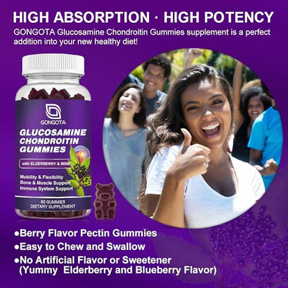 Glucosamine Chondroitin Gummies - 3- Pack, Extra Strength 1500mg Glucosamine with MSM & Elderberry, Flexibility Support, Best Cartilage & Immune Support Supplement for Men and Wome - 180 Gummies