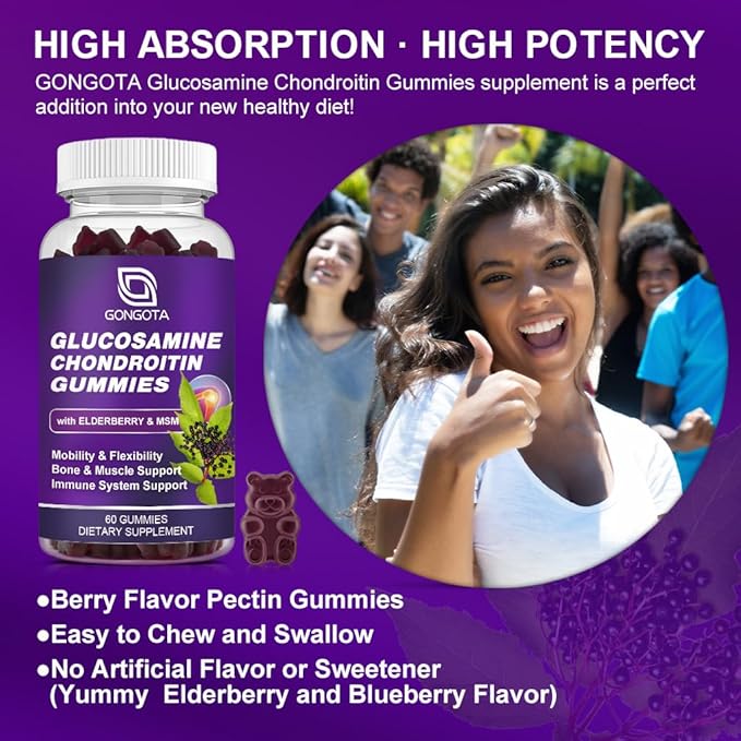 Glucosamine Chondroitin Gummies - 1- Pack, Extra Strength 1500mg Glucosamine with MSM & Elderberry, Flexibility Support, Best Cartilage & Immune Support Supplement for Men and Women - 60 Gummies