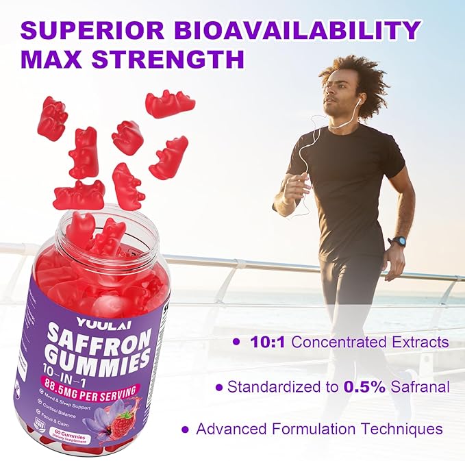 Saffron Gummies, 10-in-1 Saffron Supplements for Kids & Adults with 88.5mg Saffron Extract, for Emotions, Zzz, Sugar Free, Raspberry Flavor, 60 Count