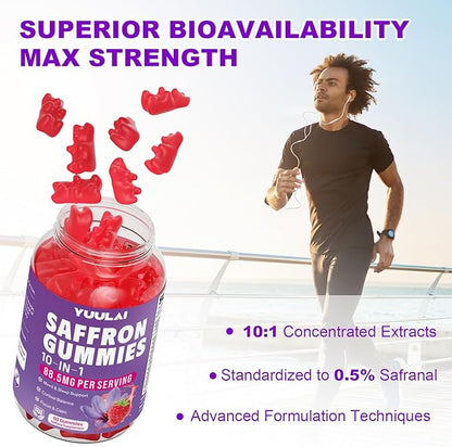 Pack of 2 Saffron Gummies, 10-in-1 Saffron Supplements for Kids & Adults with 88.5mg Saffron Extract, for Emotions, Zzz, Sugar Free, Raspberry Flavor, 120 Count