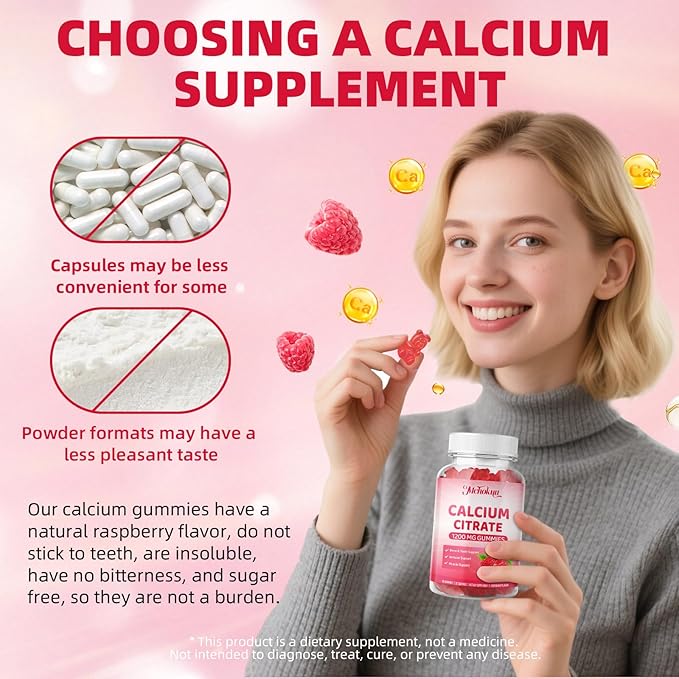 Calcium Citrate Gummies 1200mg Chewable Calcium Supplement for Women & Men, Supports Bone, Muscle & Immune Health, Sugar-Free, Non-GMO, Gluten-Free, Natural Raspberry Flavor, 120 Count