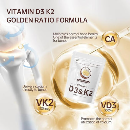 300 Pcs Vitamin D3 K2 5000 IU + 100mcg, Coconut Oil, Gluten-Free, Non-GMO, Soy Free